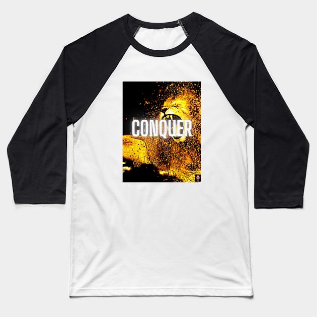 Conquer Motivational Lion Pop Art Baseball T-Shirt by Modern Designs And Art